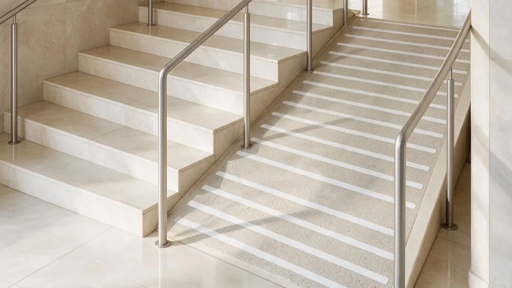 Escalera y rampa accesible en comunidad de vecinos